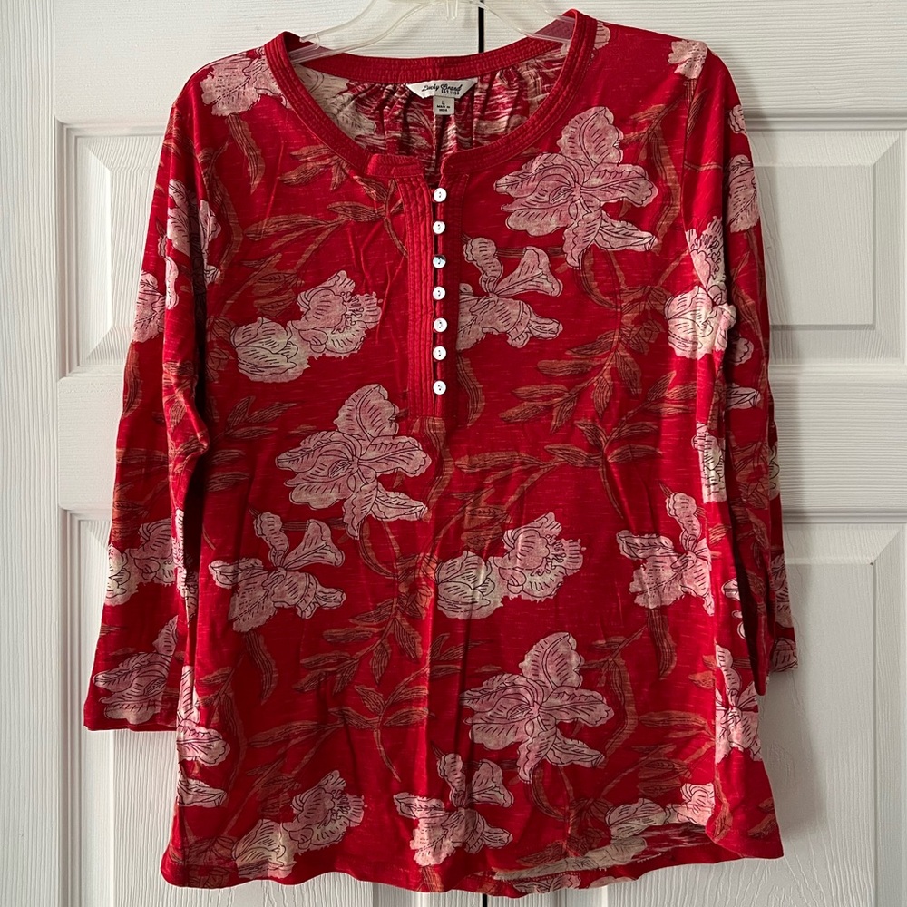 Luck Brand Red Floral Button-Front Top With 3/4 Length Sleeves